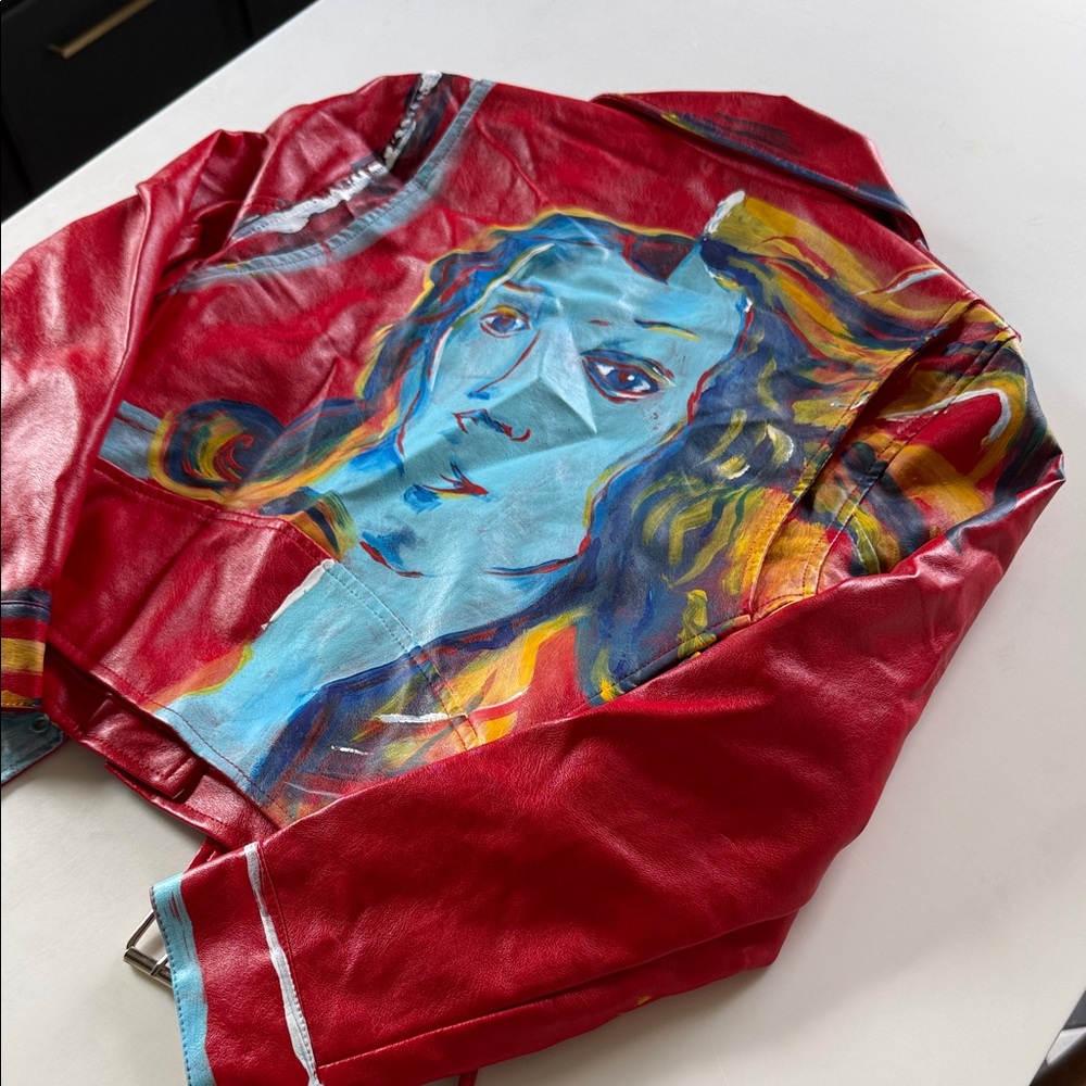 Hand Painted Red Faux Leather Biker Jacket Women’s XS - Picture 2 of 6